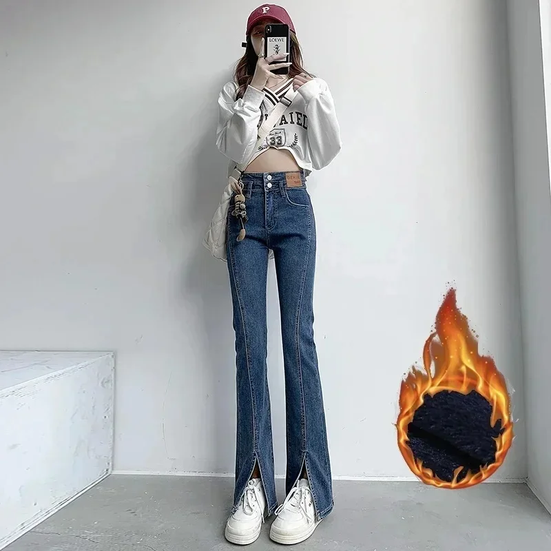 Loose Side Pocket High Street Thermal Jeans 2023 Winter Women Feet Split Wide Jeans Designer Elastic Skinny Thicken Fleece Pants