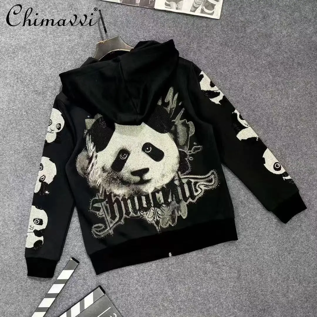 

Autumn New Heavy Industry Hot Diamond Alphabet Sweatshirt Cartoon Bear Hooded Jacket Men's Handsome Slim Fashion Zipper Coat