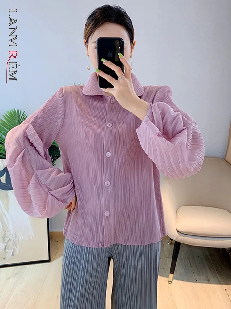 LANMREM Long Puff Sleeves Pleated Shirts For Women Lapel Single Breasted Casual Fashion Thin Shirts Top 2025 Summer New 2M353