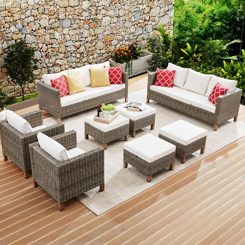 8 Piece Patio Furniture Set All Weather Wicker Rattan Modular Sofa Outdoor Furniture Conversation Set for Garden, Backyard