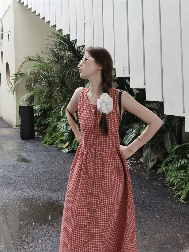 2024 Summer New Retro Red Checkered Vest Dress Sweet Beauty A-line Skirt Long Skirt