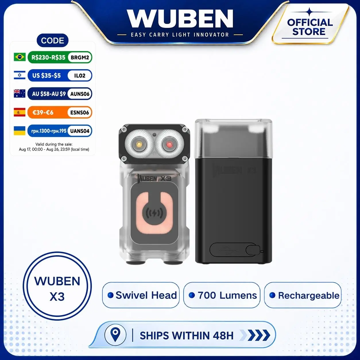 WUBEN X3 Lightok 700 Lumen Wireless Charging Swivel Head EDC Flashlight Red White Light Charging Box