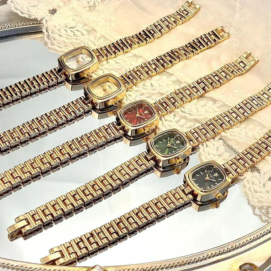 Square-Head Metal Band Exquisite Vintage Gold Watch for Women