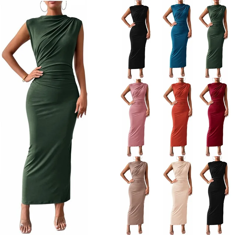 Cross-Border Spring Summer Women's Faion Svel Ba Split Pleated Tight Dr Clean Fit High Waist Linen Polyester Ble...