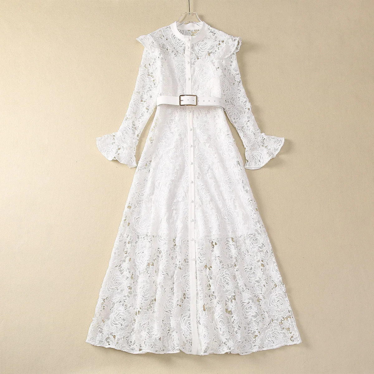 

Europe and the United States women's 2024 summer new Trumpet sleeve long sleeve hollow embroidery fashion Belted white dress