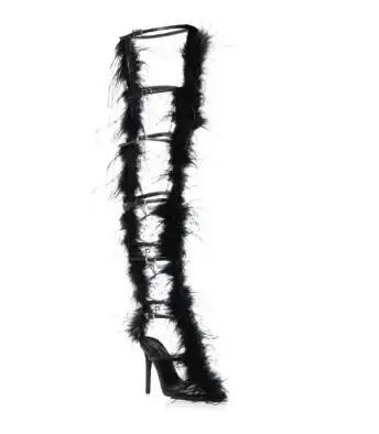 Black Feather Fur Small Buckles Gladiator Pointed Toe 10 12 CM Thin Heels Over The Knee Boots Women Long Sandals Boots Shoes