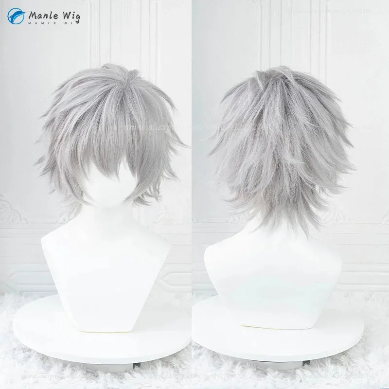 EVA Kaworu Nagisa 32 cm gris plateado Anime Cosplay pelucas pelo sintético resistente al calor Halloween + gorro de peluca
