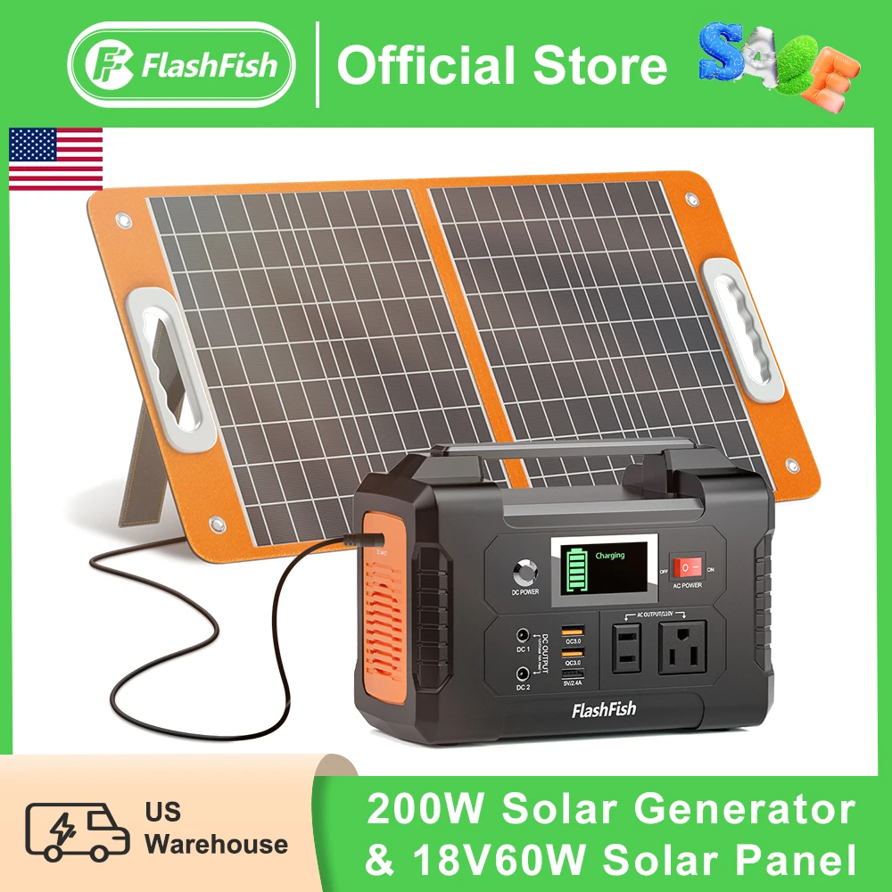 FF Flashfish 200W 151Wh محطة طاقة محمولة مع 60W مجموعة لوحة طاقة شمسية قابلة للطي مجموعة حزمة سلسلة انقطاع التيار الكهربائي للنار E200