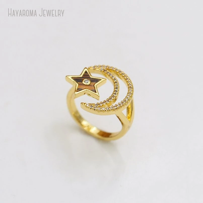 10Pcs Wholesale Boho Witch Metal Stone Tiger Eye Cubic Zirconia Gold Color Shape Crescent  Moon Star Ring RM50917