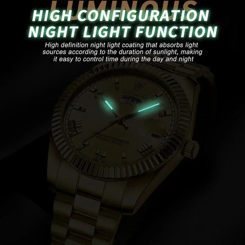 BINBOND นาฬิกาสุดหรูสําหรับชายกันน้ําส่องสว่างวันที่สัปดาห์สแตนเลสผู้ชายนาฬิกาข้อมือ Casual ควอตซ์นาฬิกาผู้ชายชายนาฬิกา