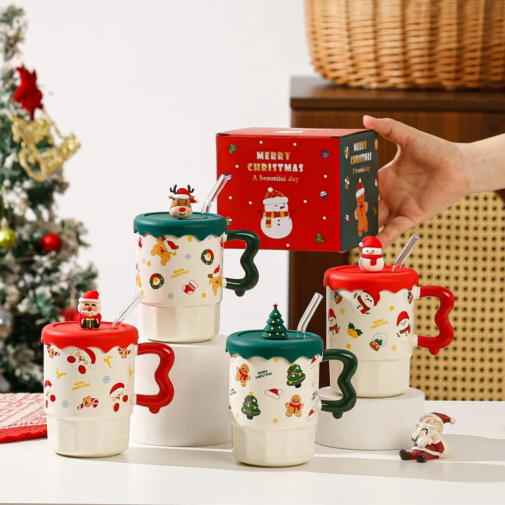 كوب هدية عيد الميلاد اللطيف مع غطاء، ملعقة، مستوى مظهر عالي، كوب سيراميك الرنة سانتا كلوز كهدية