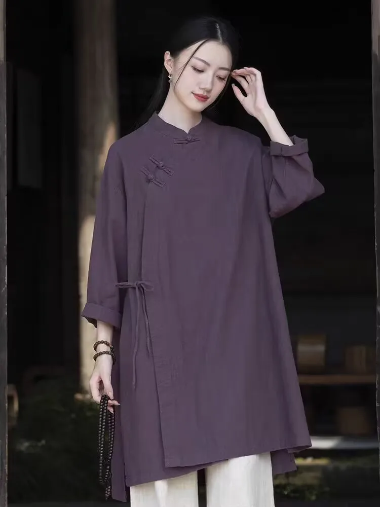 

2024 New Chinese Style Retro Cotton and Linen Tops China Traditional Clothing Women Mid-length Shirt Vintage Solid Color