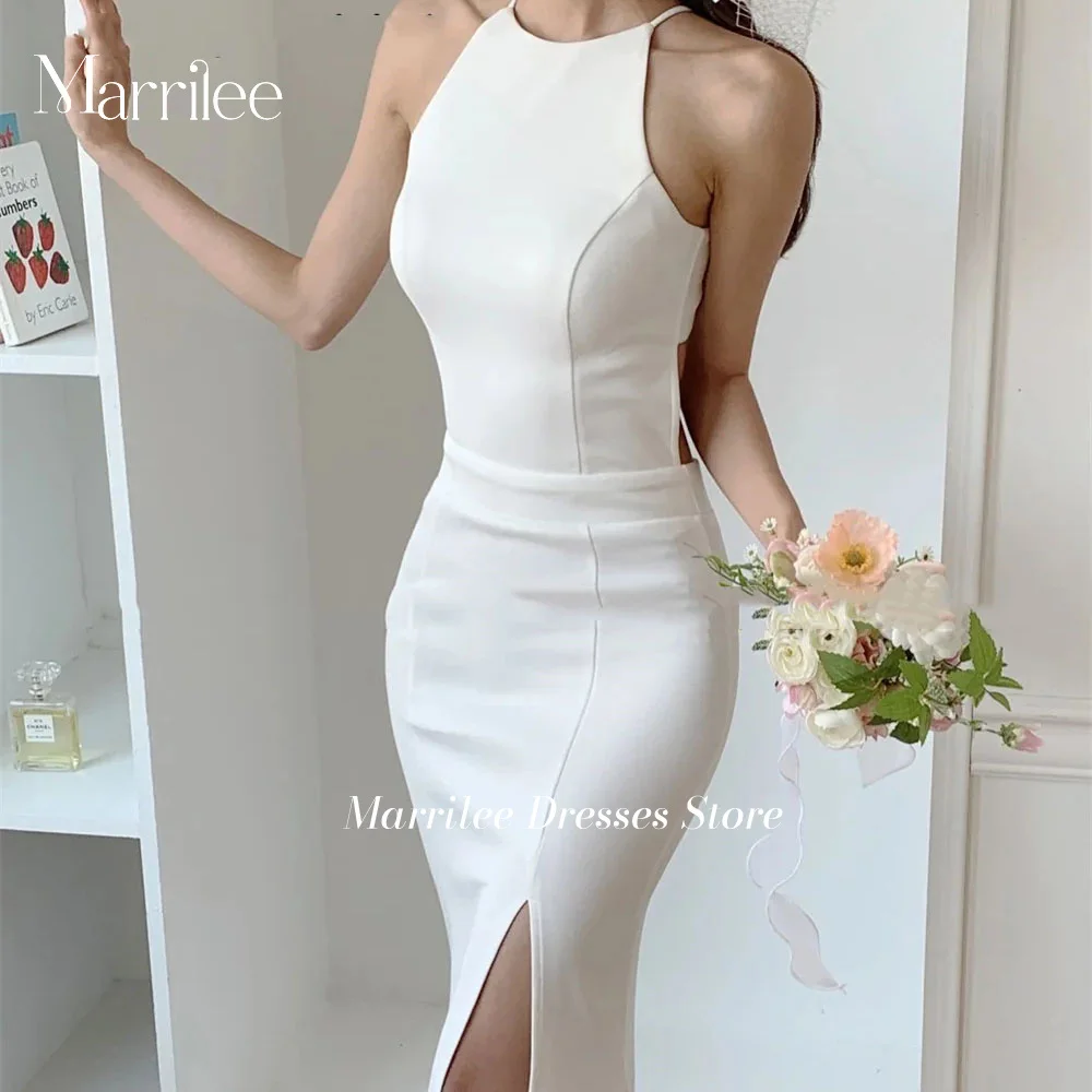 Marrilee Modesto Abito da sposa in raso Sirena Spacco laterale Scollo rotondo Senza maniche Sposa sul retro 2 in 1 Top Morden Abiti Longos 2024