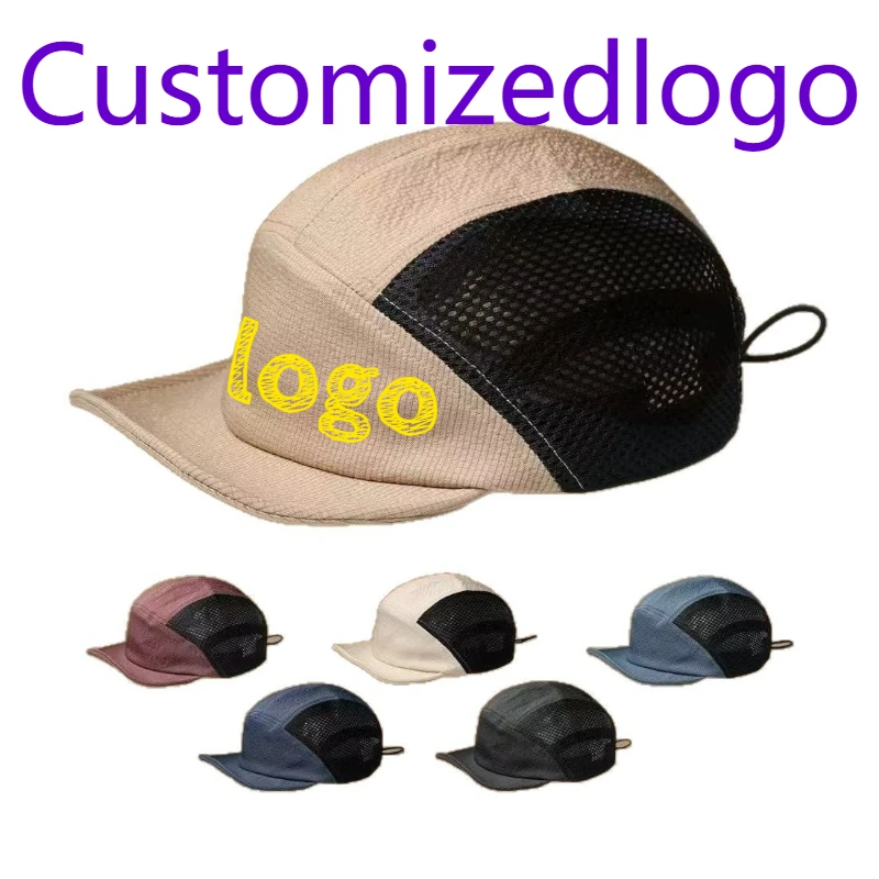 

Customized Logo Mesh Soft-top Solid-color Quick-drying Flat-brim Five-strap Sun-protective Baseball Cap for Men and Women