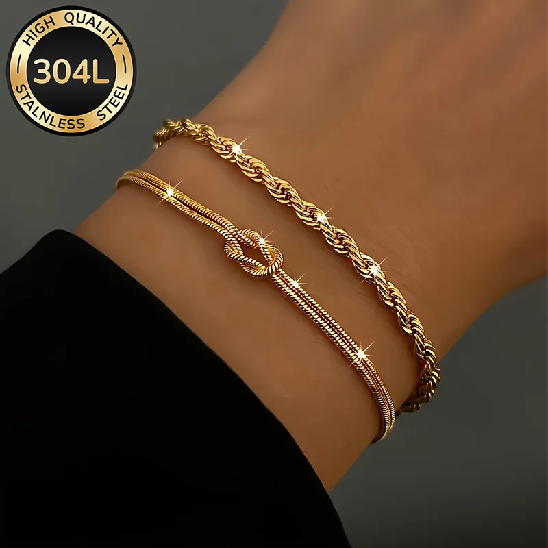 2 Stück 18K Vergoldete Edelstahl-Armbänder Wasserdicht Nicht Anlaufend Stapelbar Elegant für Alltag Party Urlaub Geschenk