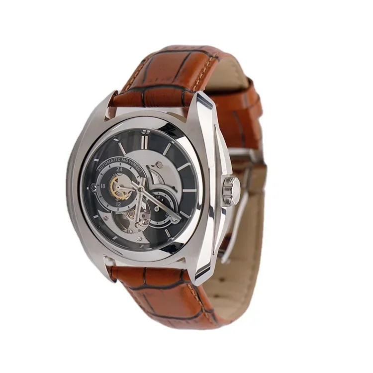 

Men's Customizable Logos Design Mechanical Automatic Watch With Brown Leather Band Hollow Out Design Waterproof Fashion Watch