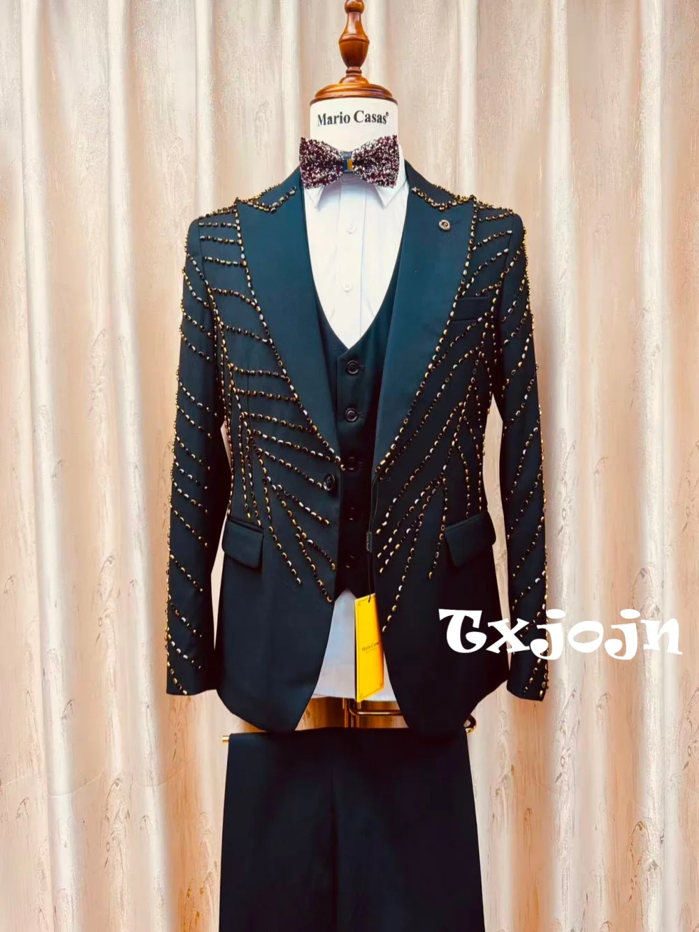 

Luxury Black Beaded Men's Suits 3 Pieces Wedding Groom Sets Formal Man Peak Lapel Suit Set Banquet Party Wear Plus Size Tuxedo
