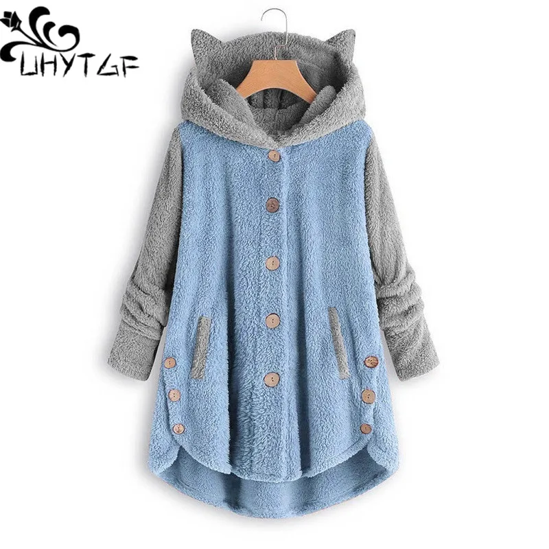 

UHYTGF 5XL Jacket Women Irregular Splicing Single Breasted Autumn Winter Coat Female Plush Hooded Warm Street Girl Outerwear 290