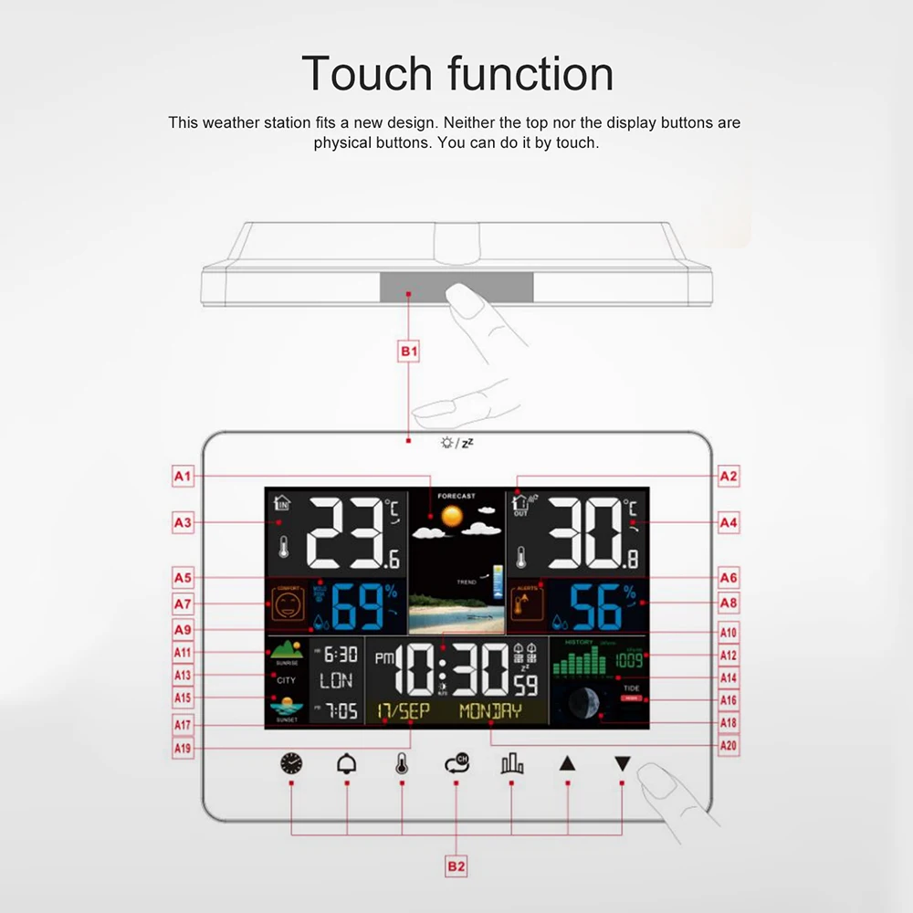 Multi-function Weather Station Alarm Clock Thermometer Hygrometer Touch Screen Wireless Outdoor Sensor Digital Hygrothermograph image 6