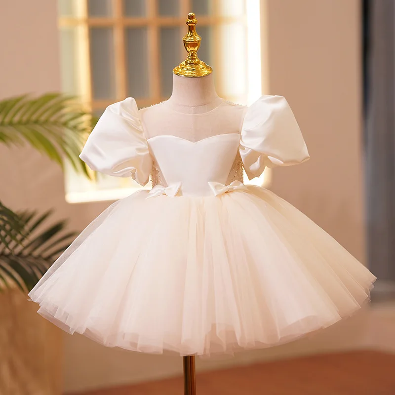 

Custom Flower Girl Dress Wedding Gown Birthday Party Pageant Dress Puff Sleeve Sheer Neck Bow Satin Tulle Princess Dress For Lit