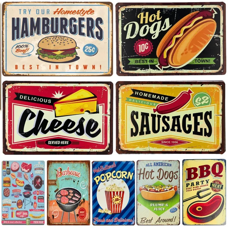 Hamburgers Metal Tin Signs Hot Dogs Printed Vintage Poster Kitchen Wall Decor Fast Food Shop Plaque Wall Art Iron Plate Painting