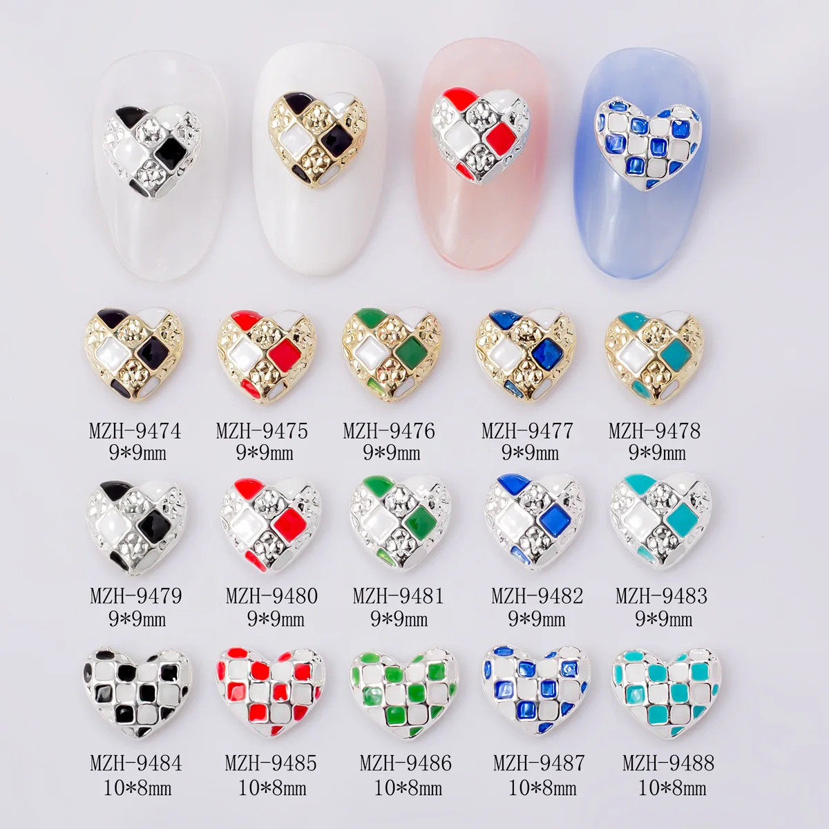 10pcs Checkerboard Heart Colorfully Nail Art Decoration Kawaii Cheered Peach Heart Charms Alloy DIY Fashion Manicure Ornaments