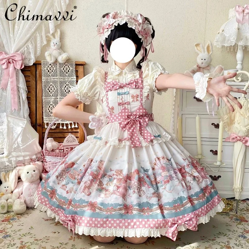 

Original Sweet Cartoon Print Girls Lolita JSK Dress 2025 Autumn New Cute Bow Strap Dresses Mini Sleeveless Party Dress Women