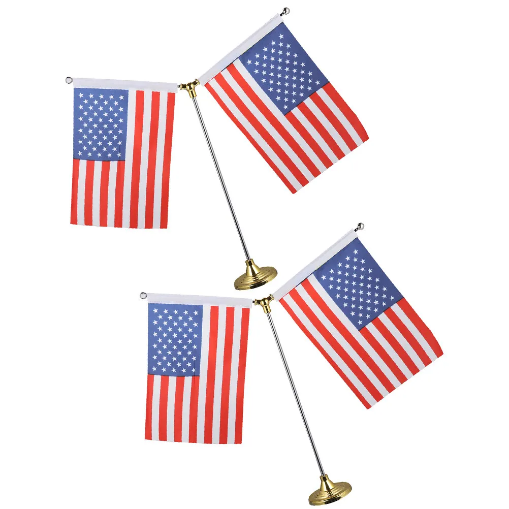 

2Pcs Desktop Flag Decor Us Flag Polyester Double Stitched 21x14cm Gold Base Desk Decoration Party Festival Office Home