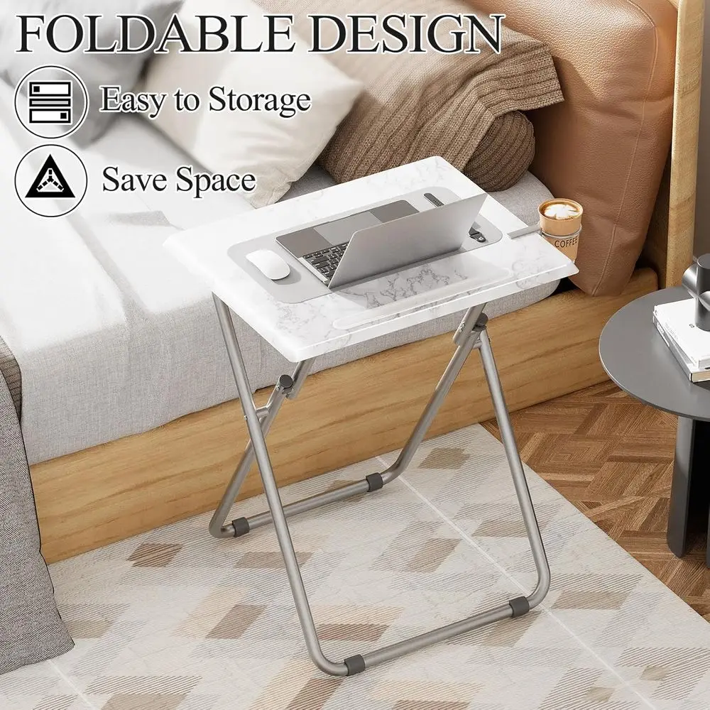 Portable Folding TV Tray Table Set, 2-Piece White Marble Style, with Cup Holders for Snacks, Ideal for Couch and Living Room, Sp