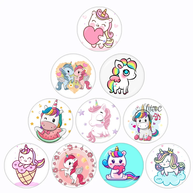 New Cartoon Baby Unicorn Magic Dream 10pcs 12mm/16mm/18mm/20mm/25mm/30mm Round Photo Glass Cabochon Demo Flat Back Making