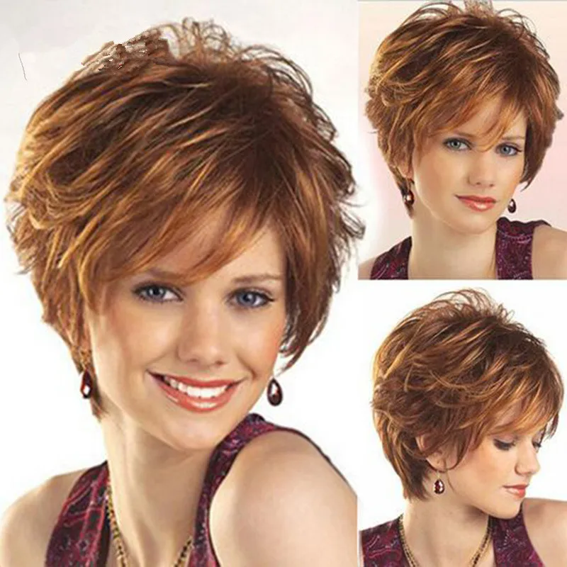 

New European and American style women's wig, natural brown gradient with side bangs, short synthetic hairpiece