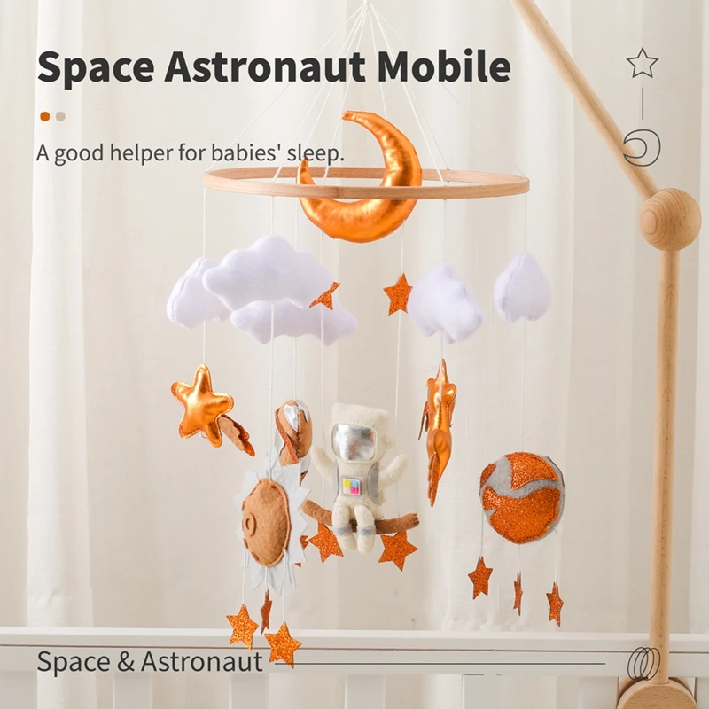 Crib Mobile Wooden Baby Rattles Soft Felt Outer Space Astronauts Bed Bell Newborn Music Box Hanging Toys Crib Bracket Baby Gifts