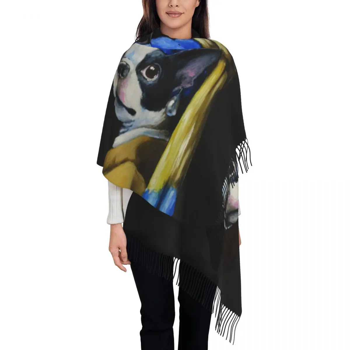 

Ladies Large With A Pearl Earring Scarves Women Winter Soft Warm Tassel Shawl Wraps Cartoon Boston Terrier Dog Scarf