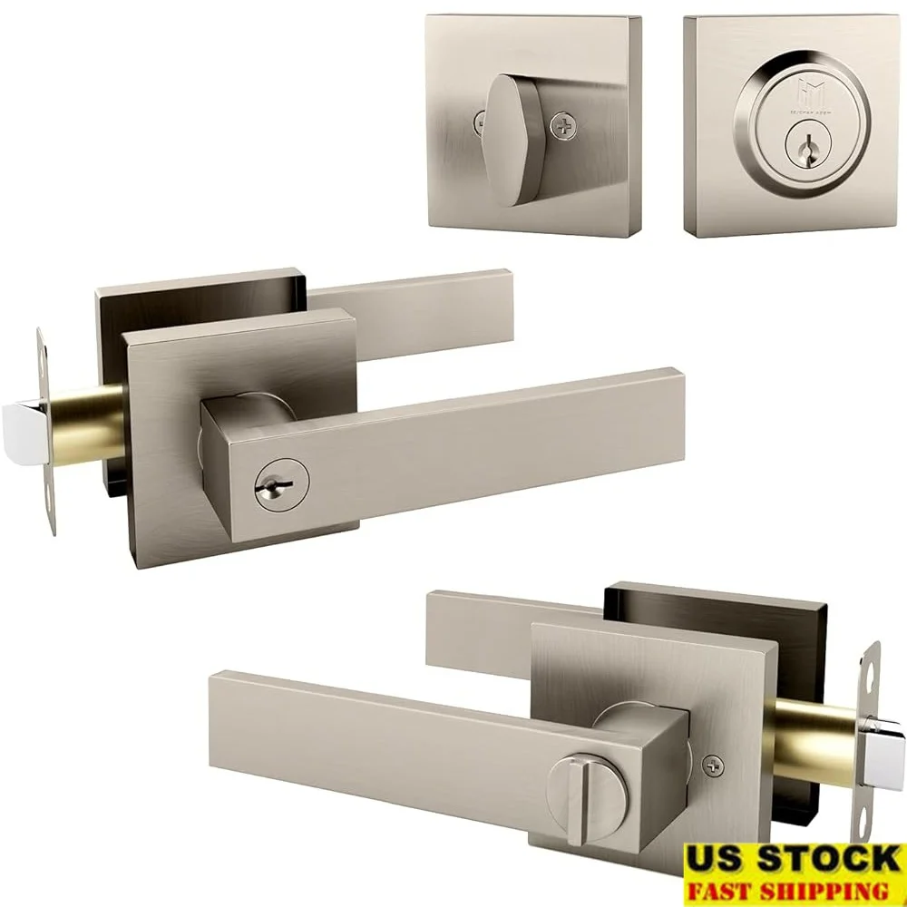 

Heavy Duty Entry Lever Door Handle and Single Cylinder Deadbolt Lock Key Combo Pack Maximum Security Durable Stainless Steel