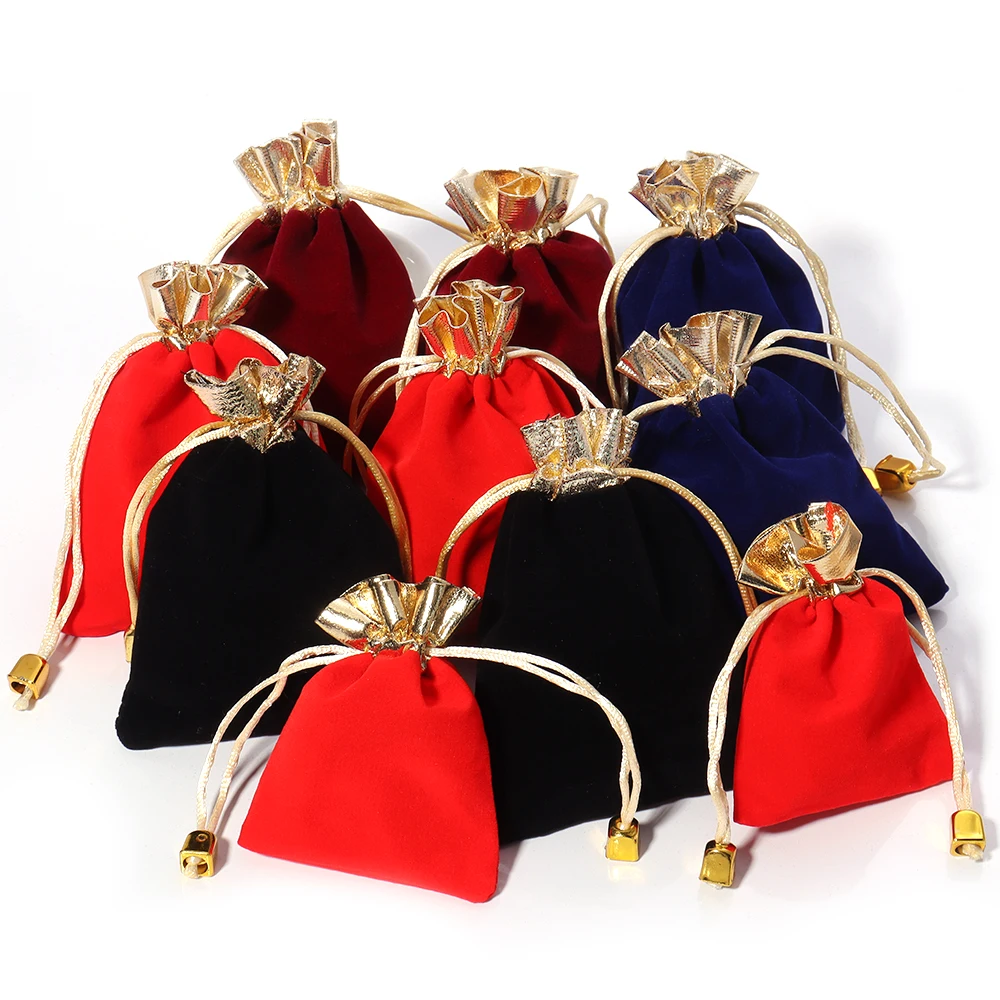 5-10pcs/lot Velvet Drawstring Jewelry Bags Gold Color Trim Bracelet Necklace Storage Pouch DIY Christmas Party Gifts Packing Bag