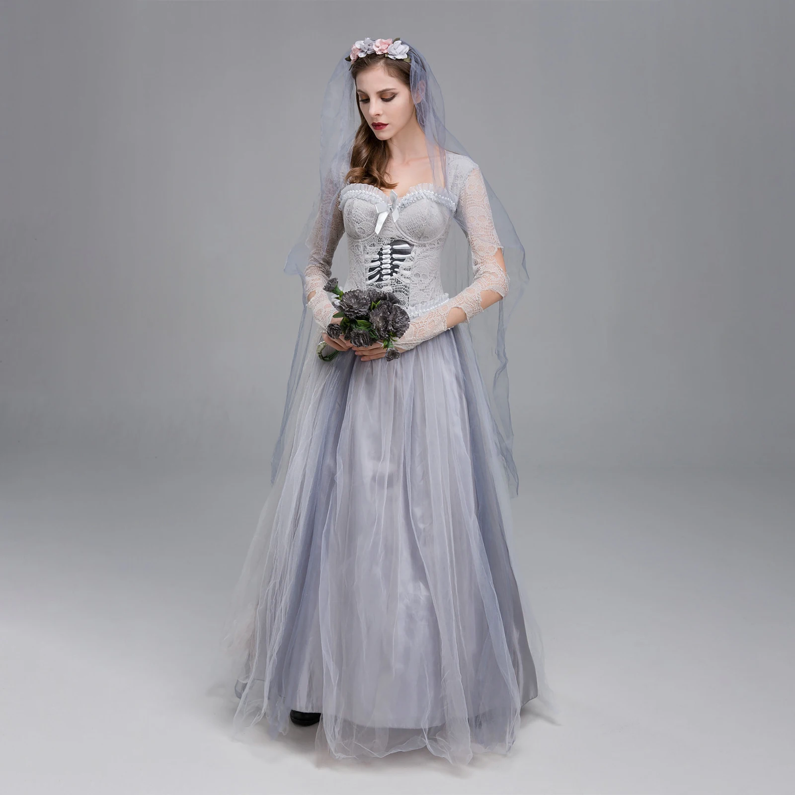 2024 Women Halloween Dead Bride Costume Ghost Corpse Bride Corset Dress and Veil Floral Headband Set for Cosplay Outfits