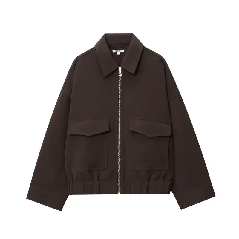 

Pocket Pilot Jacket Elegant Lady Warm Zipper Coat Fashionable Full Sleeves Loose Turn-down Collar Streetwear Tops Simple Style