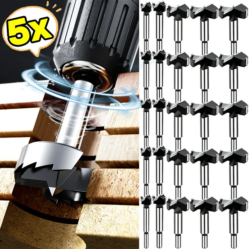 

5-1PCS Carbon Steel Flat Bottom Wood Drill Bit Sharp Positioning Tip DIY Smooth Mortise Drilling Furniture Making Forstner Style