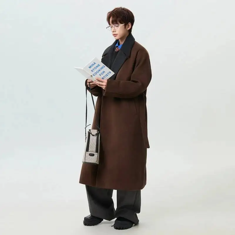Niche Design Men's Overknee Coats Wool Lapel Contrast Color Double Breasted Belt Loose Thick Male Woolen Overcoat MFG5