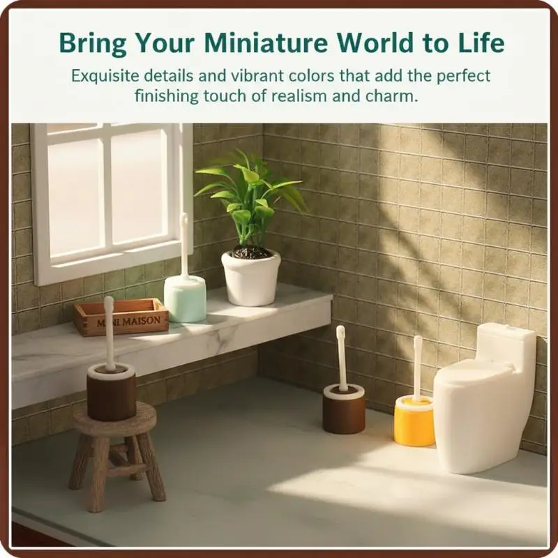 Miniature Dollhouse Toilet Brush 3Pcs 112 Scale Lifelike Long Handle Cleaning Tool Model Set for DIY Bathroom Decoration