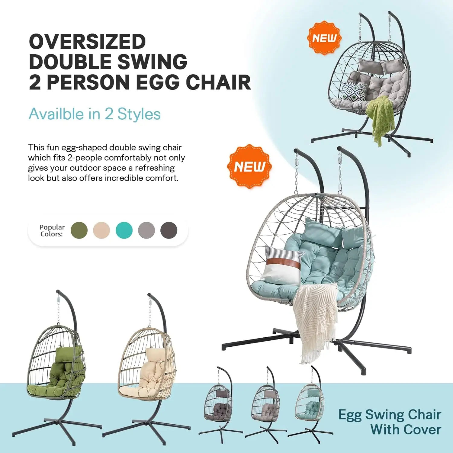 

2 Person Double Egg Swing Chair with Stand Indoor Outdoor, Patio Wicker Rattan Hanging Egg Chair w/Cushion, Foldable Hammock