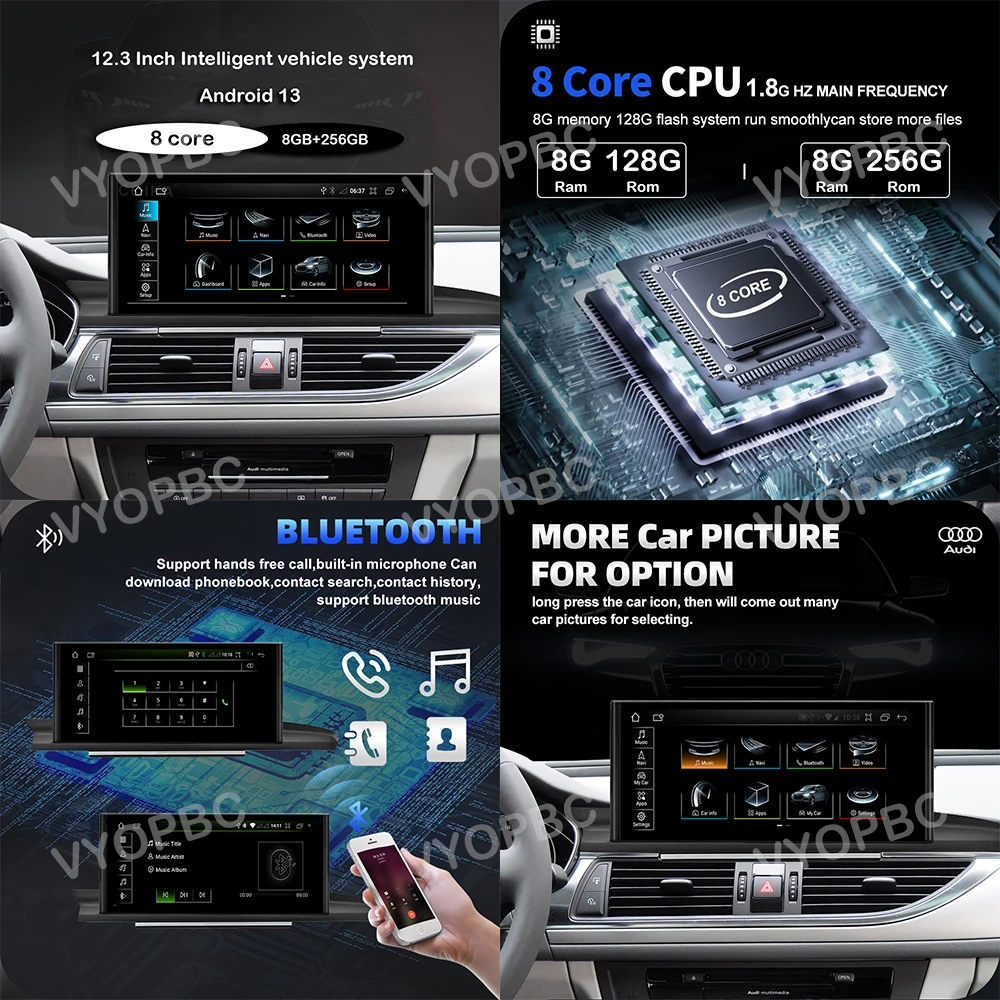 12.3 Inch Android 13 Car Radio Stereo For Audi Q5 2009-2016 WIFI+4G Split Screen Multimedia Player GPS Wireless Carplay+Auto DSP