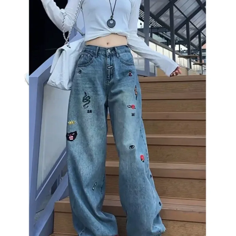 European-style Embroidered Jeans Bestseller Women Autumn Large-sized Pear-shaped Slimming Wide-leg Pants with A Drooping Effect