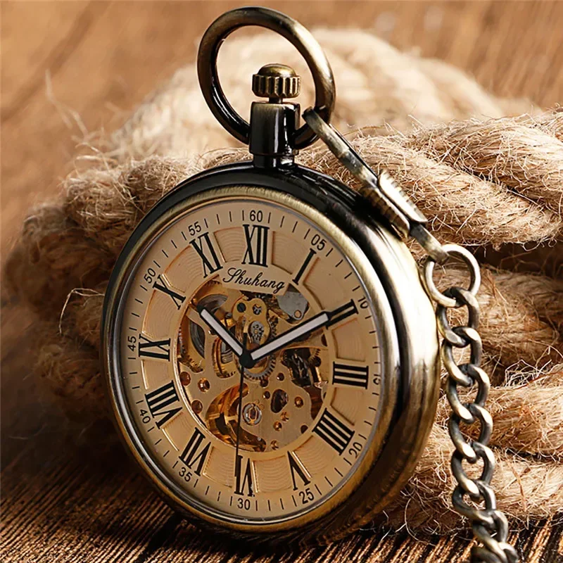 Retro Bronze Men Women Automatic Mechanical Pocket Watch Luminous Hands Roman Numeral Pendant Chain Relogio de bolso Gift