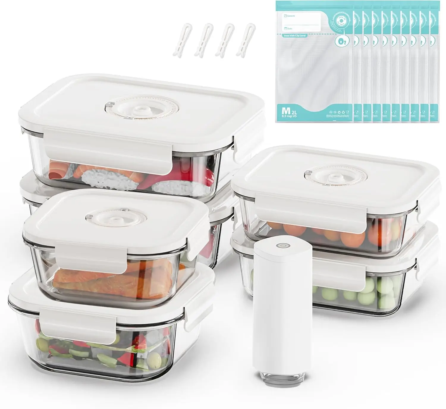 

Vacuum Seal Glass Food Containers, 6pcs with 10 Sous Vide Bags & Automatic Pump, Airtight Locking Lids for Fresh Meal Prep