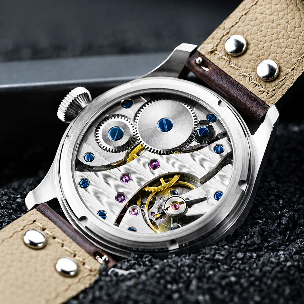 HRUODLAND Pilot Mechanical Watch Double-Sided Sapphire BGW9 Luminous Turbine Dial Vintage Leather Strap Men's Watch