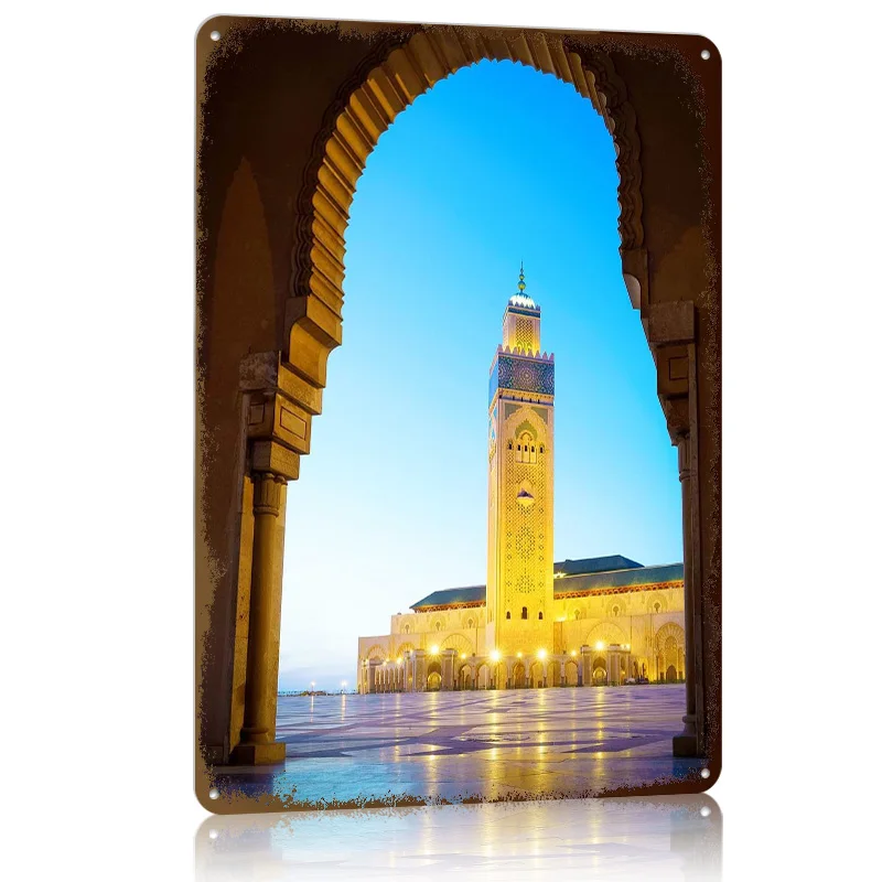 مسجد المغرب أفق المدينة الألومنيوم معدن المشارك خمر عناصر ديكور المنزل علامات معدنية مخصصة للجدار الفن الديكور رجل الكهف