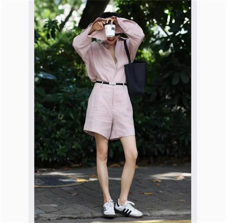 

Korean Fashion Pink 2 Piece Sets Womens Outfits 2025 New Summer Single Breasted Shirts + Wide Legs Shorts Sets