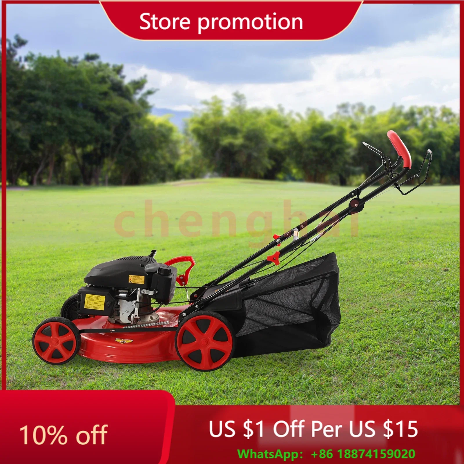 

4-Stroke Push Petrol Lawn Mower 8Gear Adjustable Height Self Propelled 3-in-1 with Bag Garden Mowing Tool
