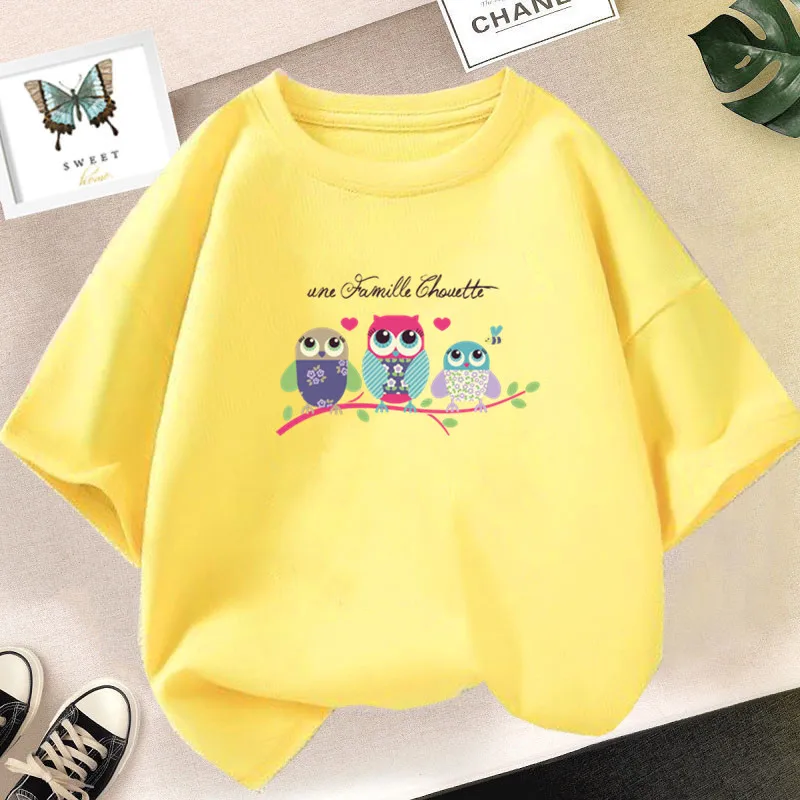 Kawaii Familie Eule Baum Cartoon Grafik T-shirt Mädchen Mode Nette Sommer Tops Kinder Kurzarm Cartoon Kleidung